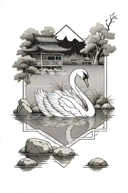 A white swan in a rectangular frame next to a Japanese house and below it a pond of water and stones tattoo design idea