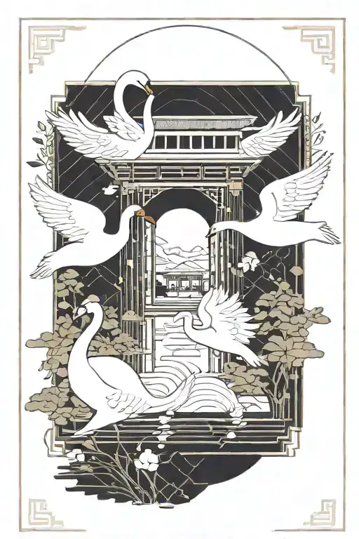 Two white swans in a rectangular frame, one of them is flying. Next to it is a Japanese house and below it is a pond of  tattoo design idea