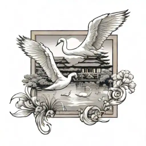 Two white swans in a rectangular frame, one of them is flying. Next to it is a Japanese house and below it is a pond of  tattoo design idea