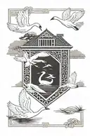 Two white swans in a rectangular frame, one of them is flying. Next to it is a Japanese house and below it is a pond of  tattoo design idea