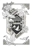 Two white swans in a rectangular frame, one of them is flying. Next to it is a Japanese house and below it is a pond of  tattoo design idea