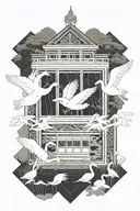 Two white swans in a rectangular frame, one of them is flying. Next to it is a Japanese house and below it is a pond of  tattoo design idea
