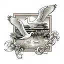 Two white swans in a rectangular frame, one of them is flying. Next to it is a Japanese house and below it is a pond of  tattoo design idea