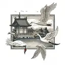 Two white swans in a rectangular frame, one of them is flying. Next to it is a Japanese house and below it is a pond of  tattoo design idea