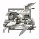 Two white swans in a rectangular frame, one of them is flying. Next to it is a Japanese house and below it is a pond of  tattoo design idea