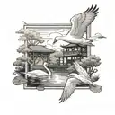 Two white swans in a rectangular frame, one of them is flying. Next to it is a Japanese house and below it is a pond of  tattoo design idea