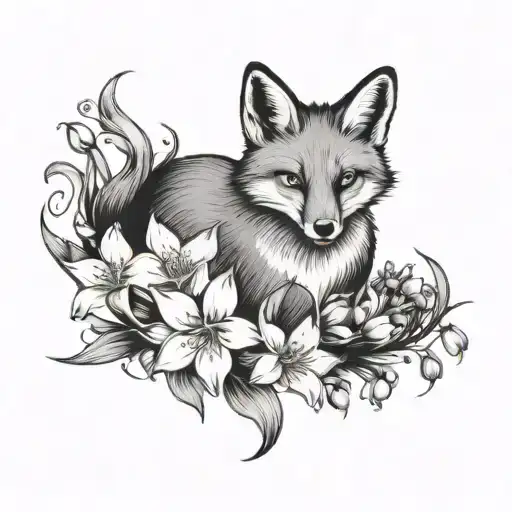 A black and grey tattoo of a fox surrounded by lily-of-the-valley flowers, inspired by Steven King's novels tattoo design idea