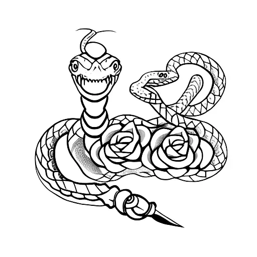 snake around sword with roses tattoo design idea