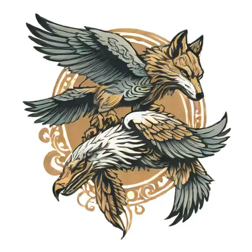 wolf and eagle flying tattoo design idea
