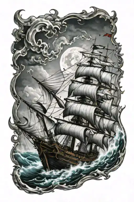 pirate ghost ship sailing through stormy seas  tattoo design idea