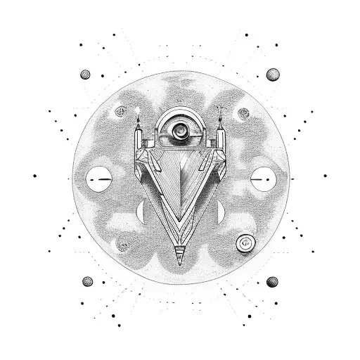 A dotwork tattoo of a futuristic space scene with elements inspired by Harry Potter tattoo design idea