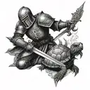 knight kneeling at cross with flaming sword and shield with turtle on it tattoo design idea