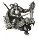 knight kneeling at cross with flaming sword and shield with turtle on it tattoo design idea