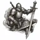 knight kneeling at cross with flaming sword and shield with turtle on it tattoo design idea