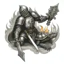 knight kneeling at cross with flaming sword and shield with turtle on it tattoo design idea
