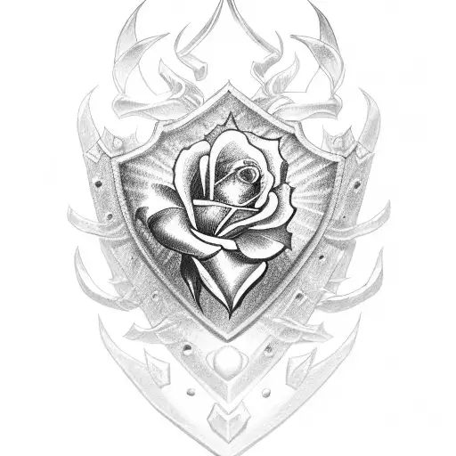 A shield adorned with candy and roses tattoo design idea