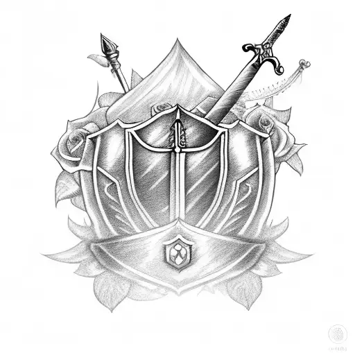 A sword in the ground and shield  adorned with candy and roses tattoo design idea