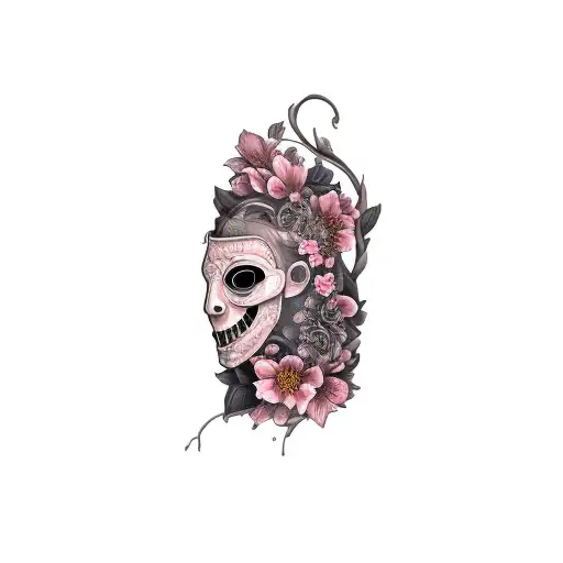 a man with a mask and flowers tattoo design idea