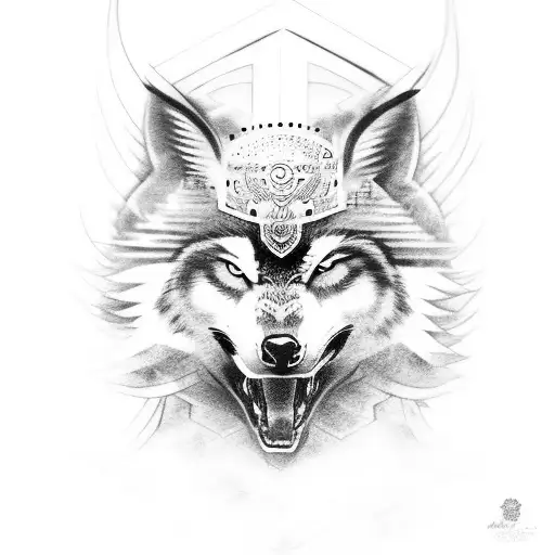 samurai, half goddess half wolf, owl, mist  tattoo design idea