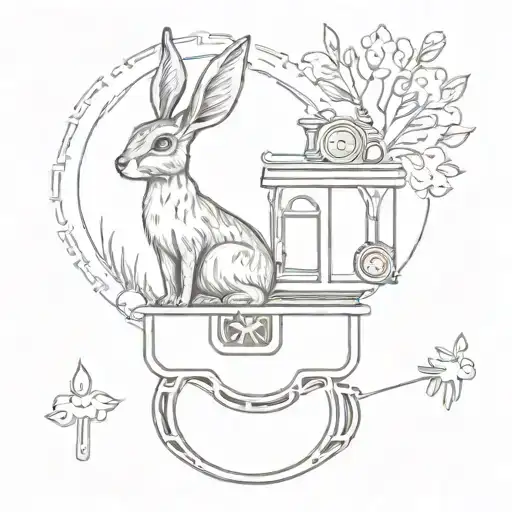 hare on the back of a steam engine train holding a lollipop with a baby deer close by tattoo design idea