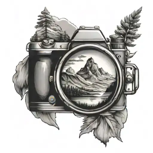 camera lens with mountain scene inside tattoo design idea