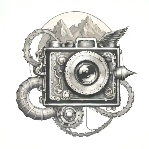 steampunk camera with mountains panorama and a soaring eagle tattoo design idea