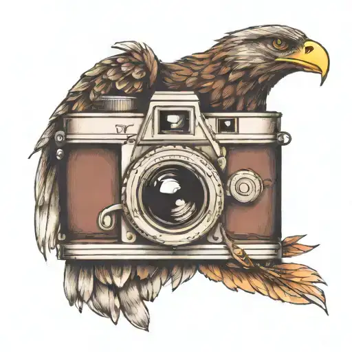 vintage camera transforming into an eagle intertwined tattoo design idea