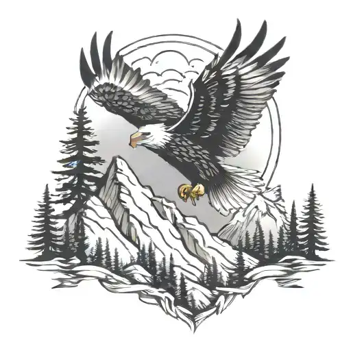 mountain and pine trees adventure theme with small eagle soaring tattoo design idea