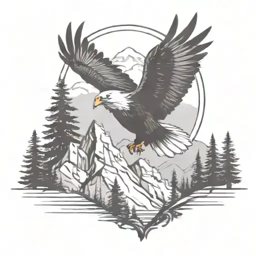 mountain and pine trees adventure theme with small eagle soaring tattoo design idea
