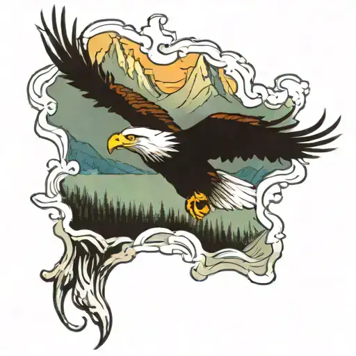 mountain lake with eagle flying tattoo design idea