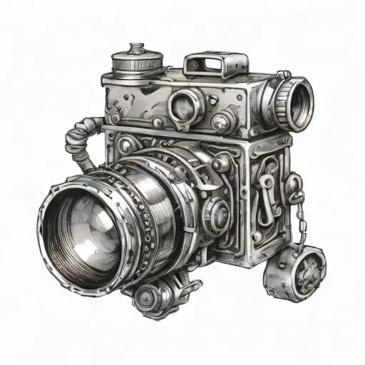 steampunk camera with mountains panorama tattoo design idea