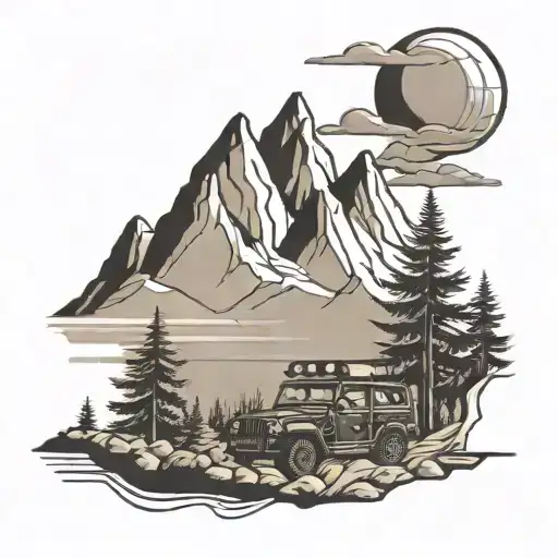 mountain scene with a jeep driving and soaring eagle tattoo design idea