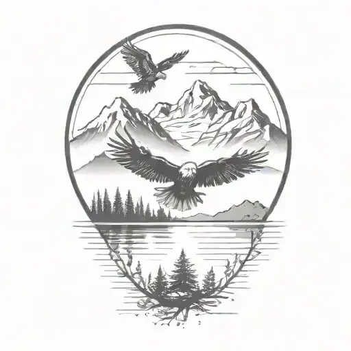 A Serene Lake Reflecting The Surrounding Mountains, With A Family Of Eagles Flying Overhead and a nest tattoo design idea