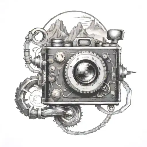 steampunk camera with mountains panorama tattoo design idea