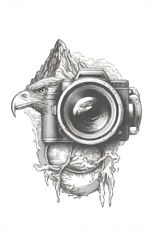 camera lens with mountain scene with single eagle inside and river flowing below tattoo design idea