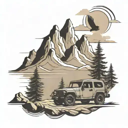mountain scene with a jeep driving and soaring eagle tattoo design idea