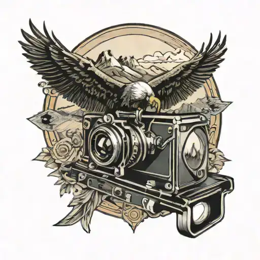 vintage camera with mountains and a soaring bald eagle tattoo design idea