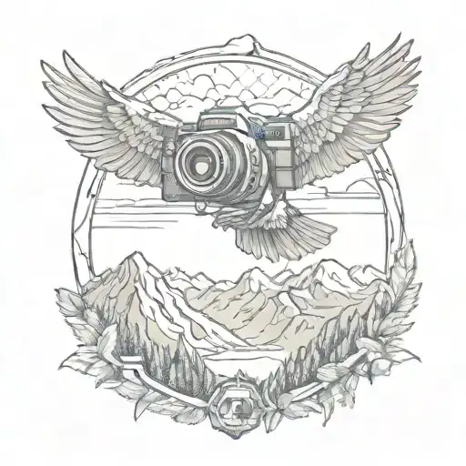 camera surrounded by mountain landscape featuring a soaring eagle tattoo design idea