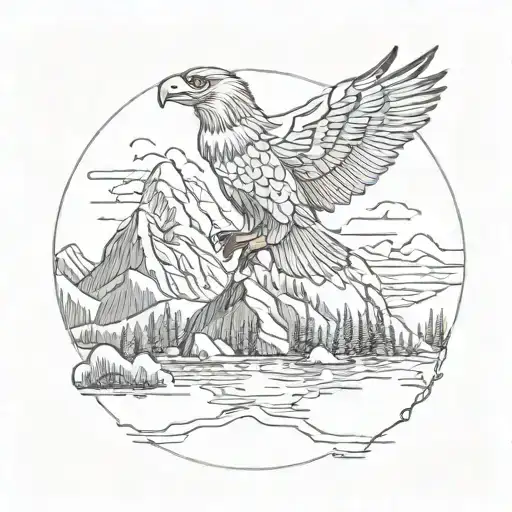 photo of mountain lake with eagle perched tattoo design idea
