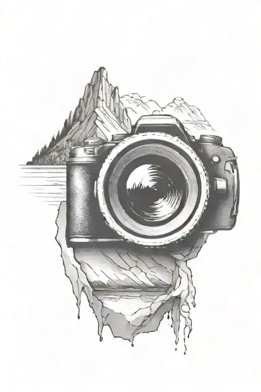 camera lens with mountain scene inside tattoo design idea