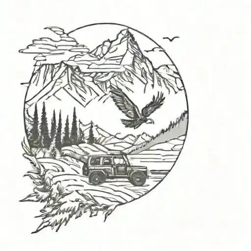 mountain scene eagle flying and jeep wrangler driving in the foreground tattoo design idea