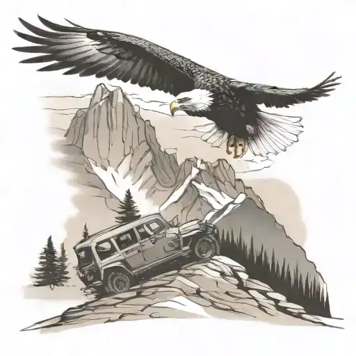 mountain scene eagle flying and jeep wrangler driving in the foreground tattoo design idea