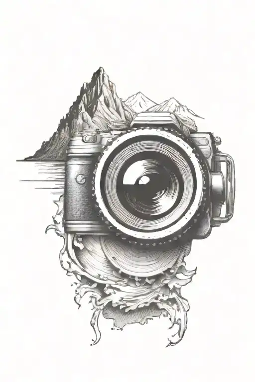 camera lens with mountain scene with single eagle inside and river flowing below tattoo design idea