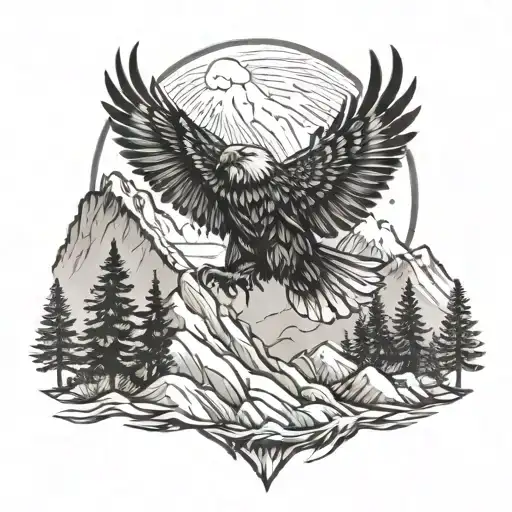 mountain and pine trees adventure theme with small eagle soaring tattoo design idea