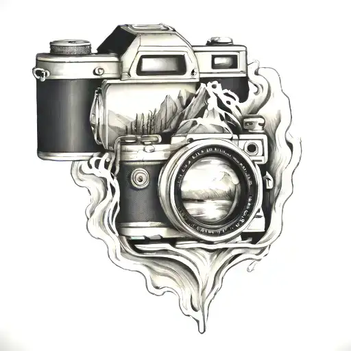 camera with mountains rising above and river flowing below tattoo design idea