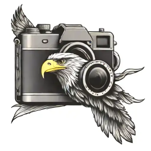 simple camera with soaring eagle flying tattoo design idea