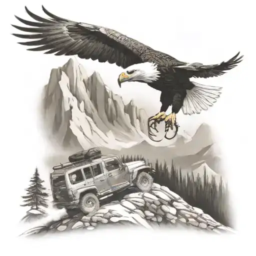 mountain scene eagle flying and jeep driving in the foreground tattoo design idea