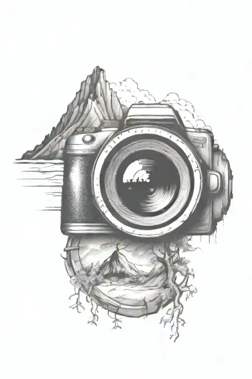 camera lens with mountain scene and trees looking through lens tattoo design idea