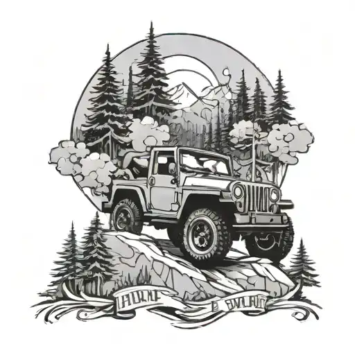 A tattoo design of a rugged jeep navigating through a dense forest, reflecting the love for jeeps and hiking tattoo design idea