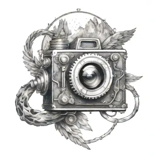 steampunk camera with mountains panorama with eagle wings tattoo design idea